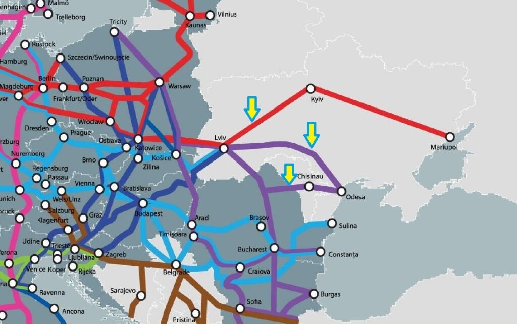Mapa sieci TEN-T z planowanymi drogami transportowymi do Ukrainy i Mołdawii