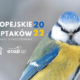 Portret modraszki, napis Europejskie Dni Ptaków 2022, logo EuroBirdwatch, logo OTOP
