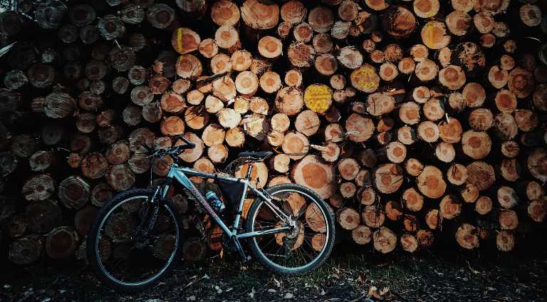 Stos ściętego drewna, który wypełnia cały kadr. Przed stosem stoi rower.