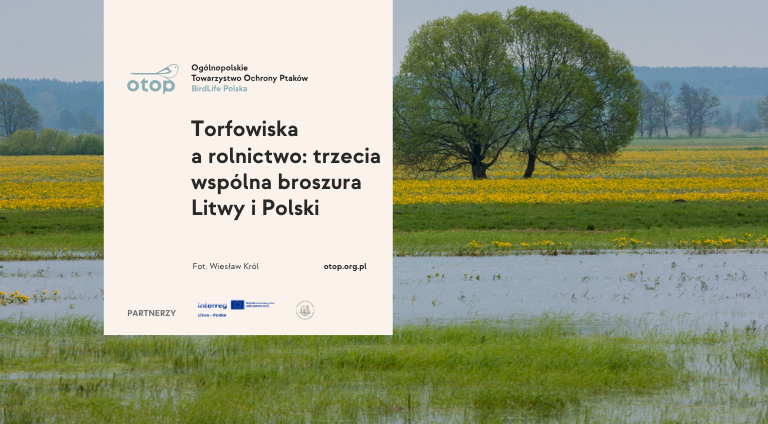 Grafika ma napis Torfowiska a rolnictwo: trzecia wspólna broszura Litwy i Polski. W tle widać zdjęcie mokradła - z drzewami i trawą oraz stojącą wodą