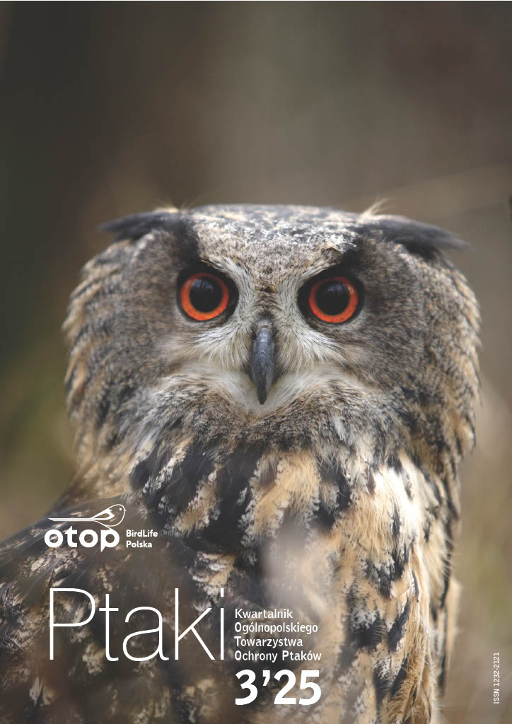 Zdjęcie okładki kwartalnika "Ptaki" przedstawia portret puchacza